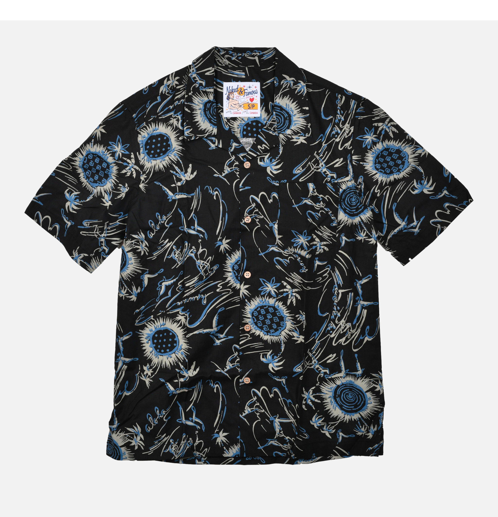 Naked & Famous Chemise Aloha Shirt Waikiki Waves Noir