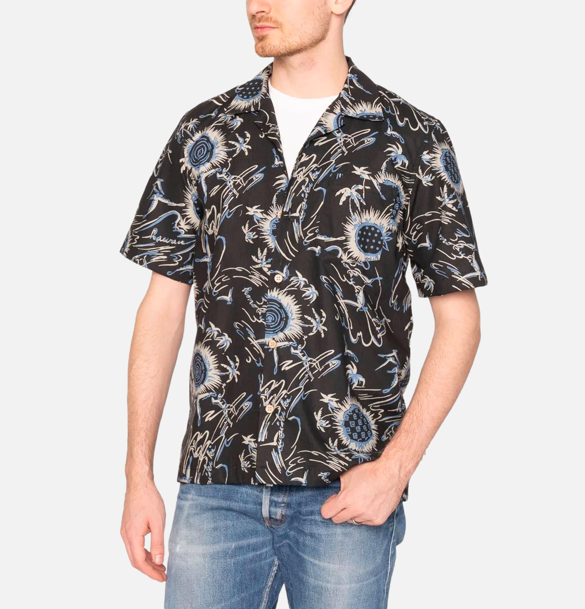 Naked & Famous Chemise Aloha Shirt Waikiki Waves Noir